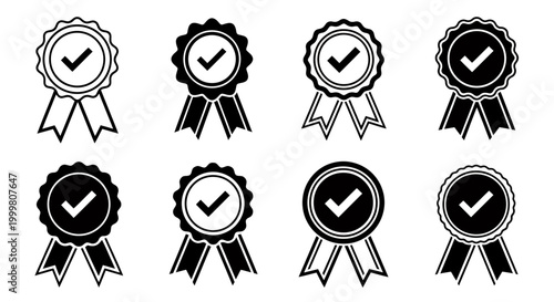 Set of monochrome award ribbons and badges icons.