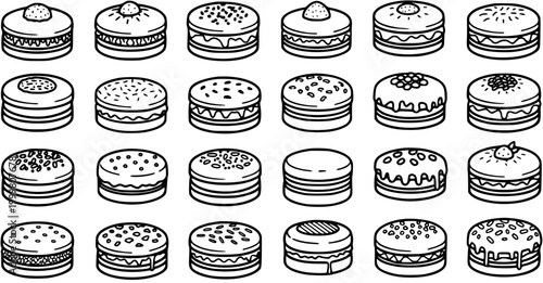 Black and White Line Art Cakes and Pastries Collection, Vector Food Icons