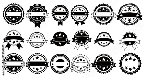 Collection of black and white circular badge seals with ribbons, stars and crests.