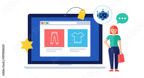 Online Fashion Shopping Illustration: Laptop Screen Displaying Clothes and a Shopper in a Modern Digital Store.
