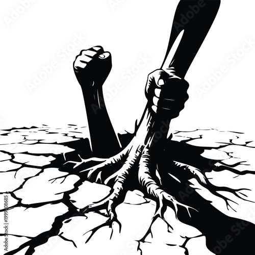 Hand pulling another person out of cracked dry ground, concept of rescue, help, and survival in extreme drought conditions, black and white vector illustration