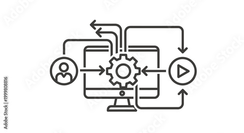 Illustration of automated workflow and collaboration on a computer monitor with gears.