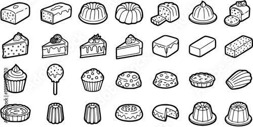 Black and White Line Art Icons of Assorted Baked Goods and Desserts for Food Industry