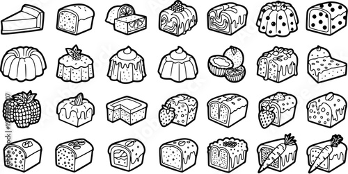 Black and White Line Art Vector Icons of Various Desserts and Pastries