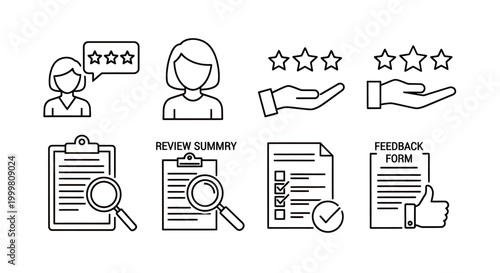 Set of business and office workflow icons featuring people, documents, and checklists.