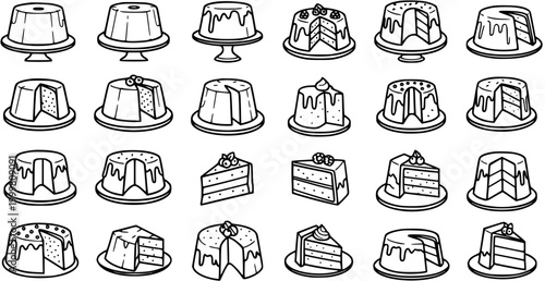 Black and White Line Art Collection of Various Delicious Cakes and Slices on Plates
