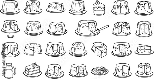 Black and White Line Art Illustration of Various Cakes and Pastries on White Background