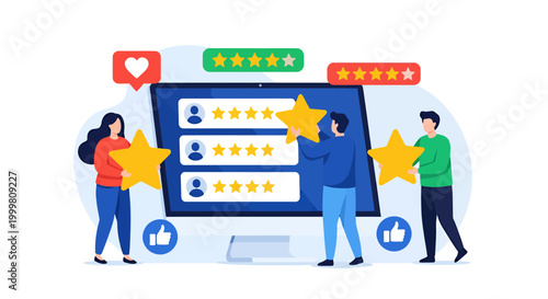 Illustration of people giving feedback and star ratings in a digital review scene.