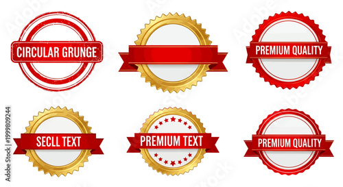 Collection of circular red and gold award seals with ribbons and star patterns for labeling graphics.