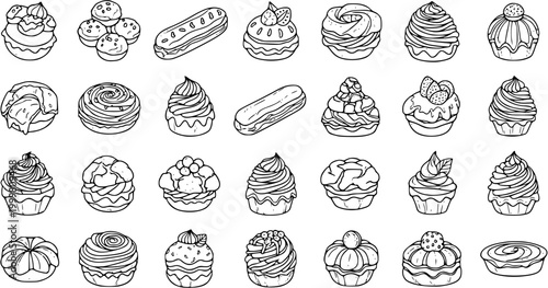 Food Industry Black and White Line Art Desserts Icon Set. Hand-drawn outline collection of sweet bakery, cupcakes, pastries, eclairs, and various sweet treats.