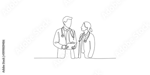 Continuous line drawing of a male and female doctor in medical clothing with stethoscopes around their necks on white background