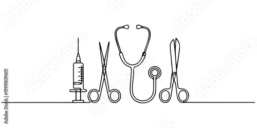 medical equipment drawn continuous one line drawing,  Continuous one line drawing of professional dentist tools on a medical tray