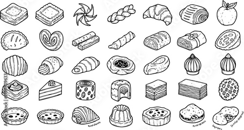 Food Industry Black and White Hand-Drawn Line Art Vector Set of Bakery Pastries, Desserts, Cakes, and Sweet Baked Goods Icons