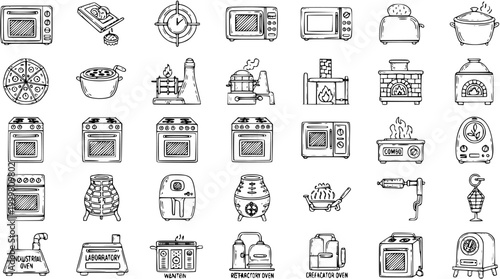 Ovens and Cooking Appliances Line Art Sketch Icons Collection for Kitchen, Industrial, and Laboratory Use
