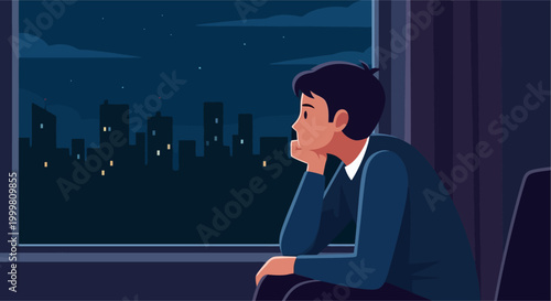 man sitting alone looking out window at night.