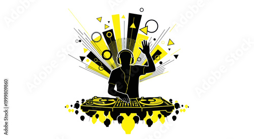 DJ silhouette with headphones playing music on turntables, abstract party background