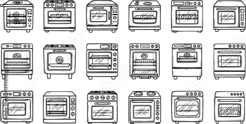 Kitchen Home Appliances Ovens Set Vector Line Art Illustration - Black and White Doodle Collection for Cooking and Baking