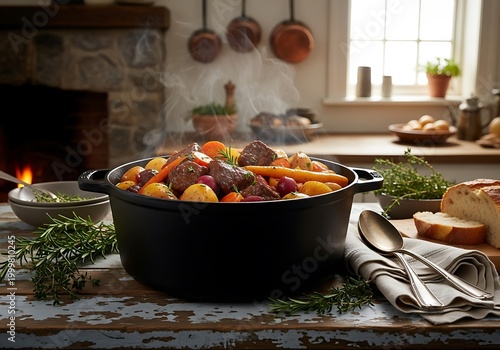 Hearty braised meat and vegetable stew steams in a black cooking vessel near a hearth.