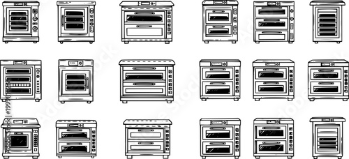 Black and White Line Art Bakery Ovens Collection. Hand Drawn Commercial and Industrial Baking Equipment for Food Production Kitchens Vector Set.