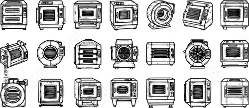 Industrial Ovens and Fans Line Art Collection - Hand-drawn Black and White Doodle Set for Food Industry and Commercial Baking Equipment