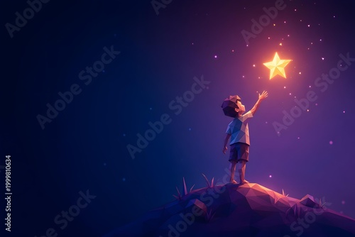 Child Reaching for Glowing Star, Dream, Ambition, Hope and Future Success Concept with Copy Space