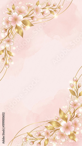 Elegant Pink Watercolor Background with Gold Floral Accents