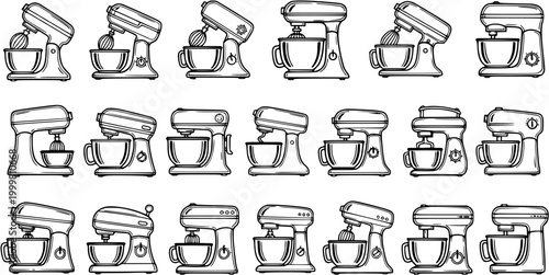 Black and White Line Art of Kitchen Stand Mixers, Food Industry Appliances