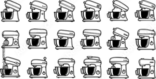 Black and White Line Art of Kitchen Stand Mixers in Various Poses