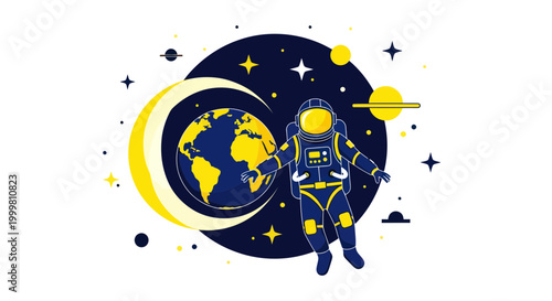 Astronaut floating in space near Earth and moon, cosmic exploration, starry night sky