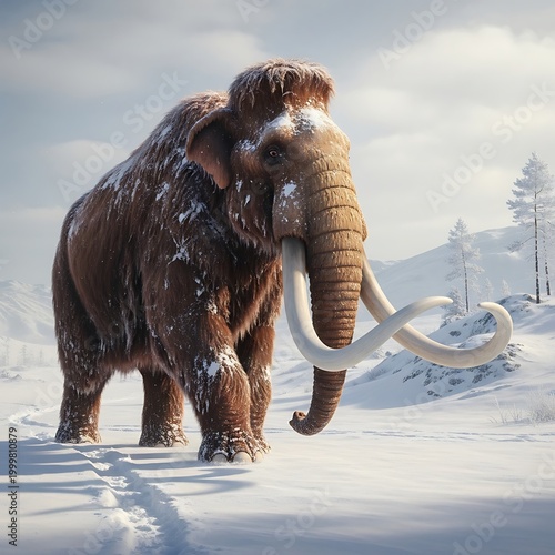 Massive prehistoric woolly mammal walks across a bright, snowy landscape