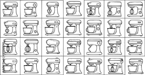 Black and White Line Art Collection of Food and Baking Kitchen Stand Mixers. Vector Outline Illustrations of Household Appliances.