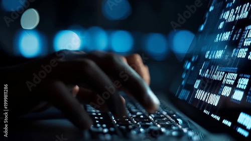 Close up view of a businessman focused on typing on a laptop with glowing digital data in a dark office environment during nighttime