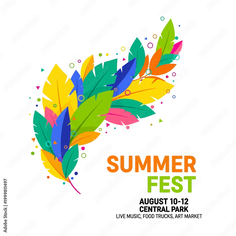 Fototapeta premium Summer Fest Event Poster with Colorful Leaves and Geometric Shapes