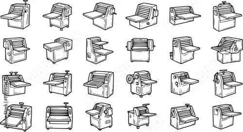 Dough Sheeter and Pasta Maker Machine Collection - Hand-Drawn Black and White Line Art for Bakery and Food Processing Equipment