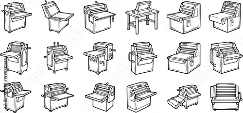 Food Preparation Line Art: Black and White Outline Icons of Pasta Maker and Dough Roller Machines for Kitchen Appliances and Culinary Tools