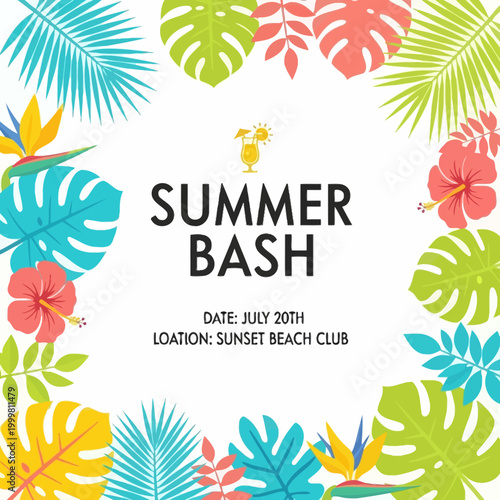 Summer Bash Invitation with Tropical Leaves and Flowers - Beach Party Announcement