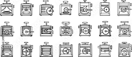 Food and Kitchen Appliance Icons: Black and White Line Art Collection of Various Manual Pasta Makers and Noodle Machines, Outline Vector Set