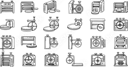 Kitchen and Baking Appliances Line Art Icons Set. Outline Vector Symbols for Food Preparation, Ovens, Mixers, Scales, and Timers.