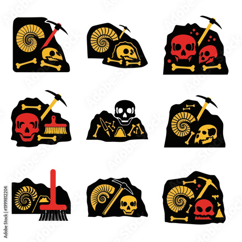 Fossil Excavation Icons: Skulls, Bones, Ammonites, Tools, Digging