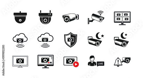 Security Camera Icons Set: Surveillance, Monitoring, Protection, CCTV, Technology