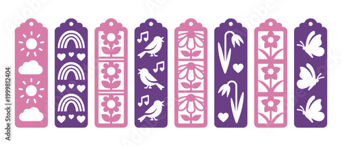Set of decorative vertical bookmarks with spring patterns. Vector design with clouds, sun, rainbow, flowers, bird, butterfly. Laser cut template. Bookmark stencil for paper, wood and metal cutting
