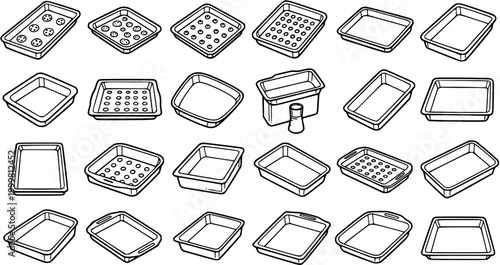 Food Industry Baking  Cooking Kitchen Ovenware Icon Set: Various Sheet Pans, Roasting Trays,  Utensils in Black  White Line Art Outline Style.