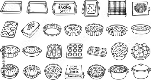 Tableau sur toile Black and White Line Art Collection of Baking Pans, Tins, and Utensils for Food