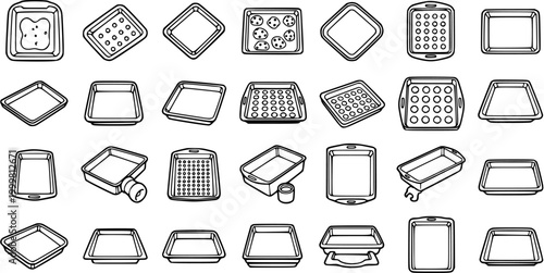 Black and White Line Art Collection of Various Baking Pans and Trays