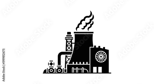 Black and white illustration of a factory with smoke coming out of the chimney, representing industry and pollution