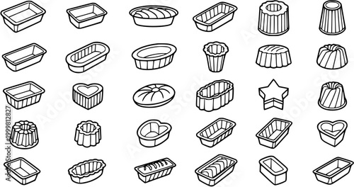 Tableau sur toile Food  Baking Industry Black  White Line Art Vector Set: Assorted Baking Molds, Cake Pans, Loaf Tins  Cookie Cutters Collection