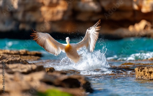 Pelican Diving Headfirst into Ocean with Wings Tucked and Splashing Up Water