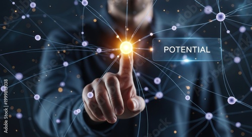 Businessman touching glowing digital node in futuristic network, for human potential pursuit success through innovative technology strategic business growth