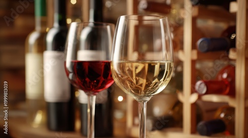 Elegant wine tasting setting with two filled wine glasses, one containing red wine and the other white wine, accompanied by bottles of wine in the background