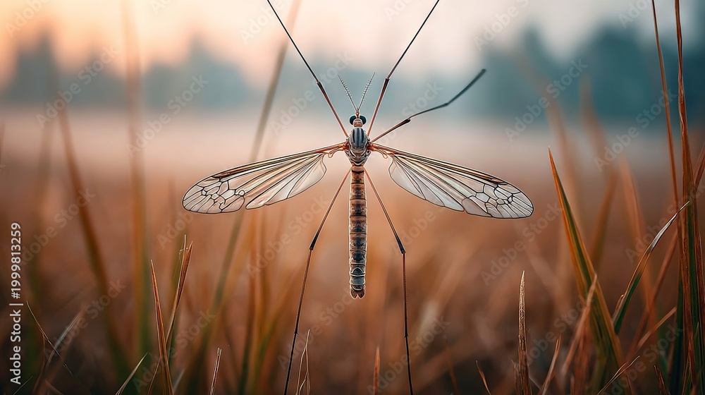 Fototapeta premium Crane Fly Resting on Tall Grass at Dawn with Soft Morning Light